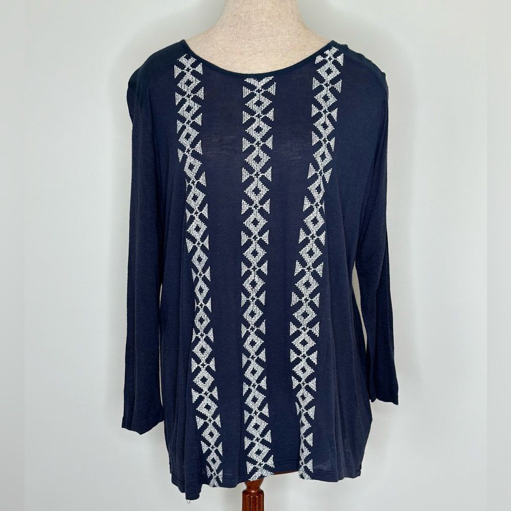 Lucky Brand Boho Blue and White Embroidered Long Sleeve Top Size 1X
